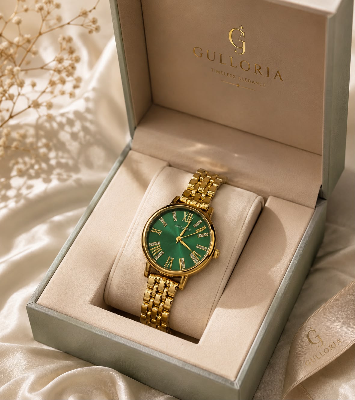 Elegant Gold-Tone Watch with Emerald Green Dial