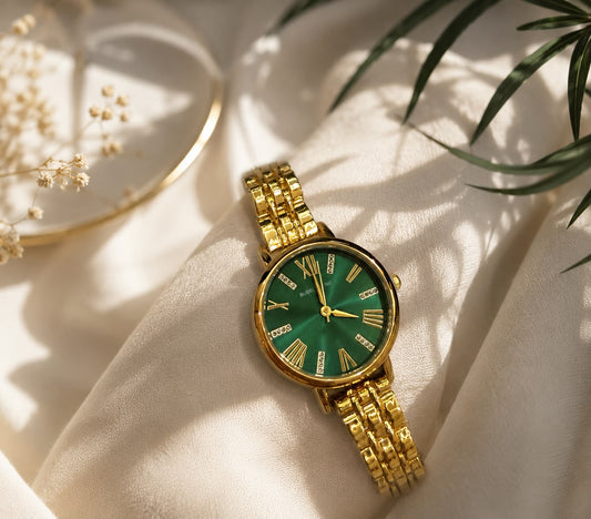 Elegant Gold-Tone Watch with Emerald Green Dial