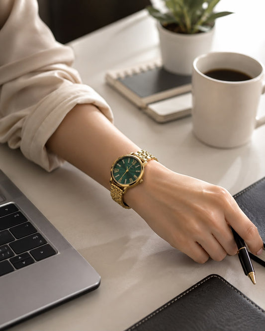 Elegant Gold-Tone Watch with Emerald Green Dial